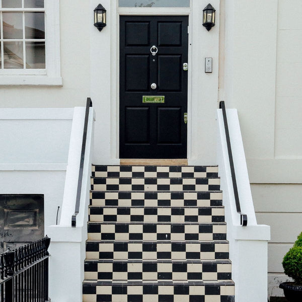 black door with white house